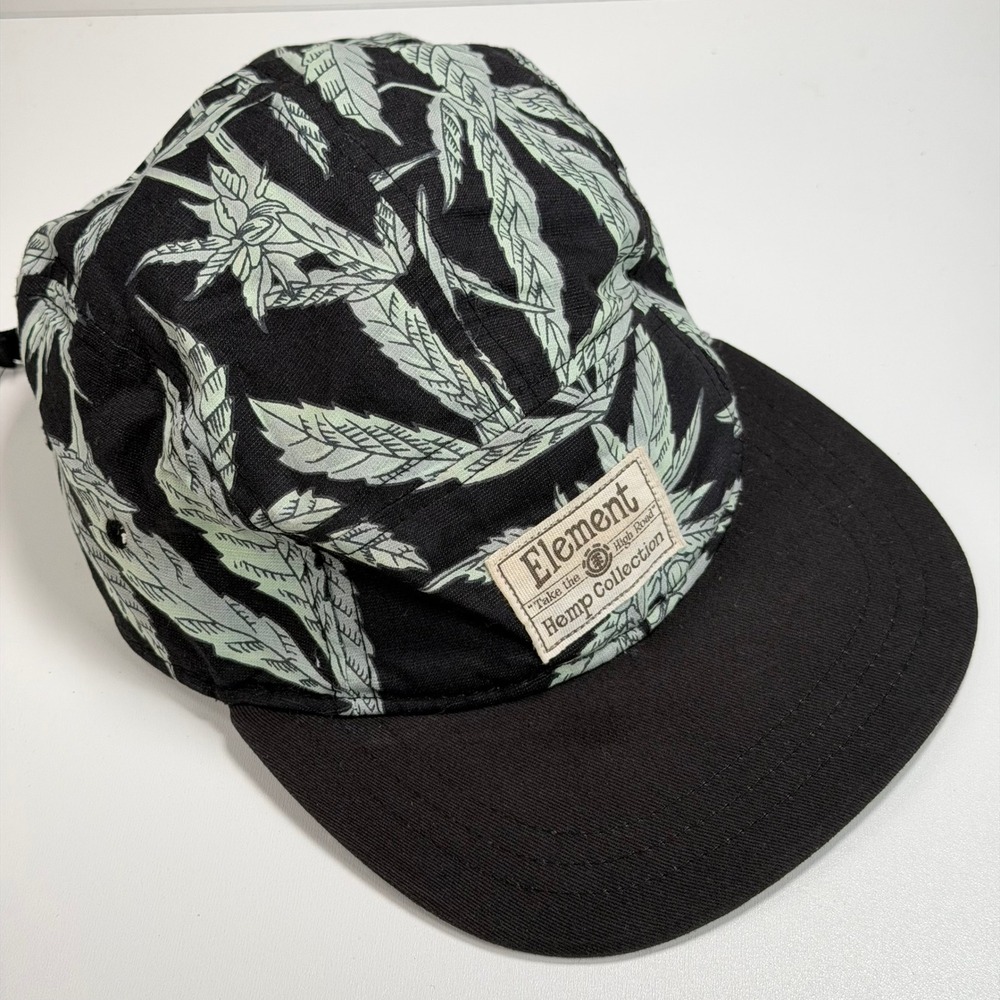 Element Hemp Collection Panel Hat Black Leaf Print Adjustable Strapback Cap HIke